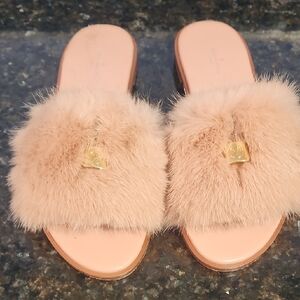 Louis Vuitton Tan Faux Fur Slippers with Gold Detail